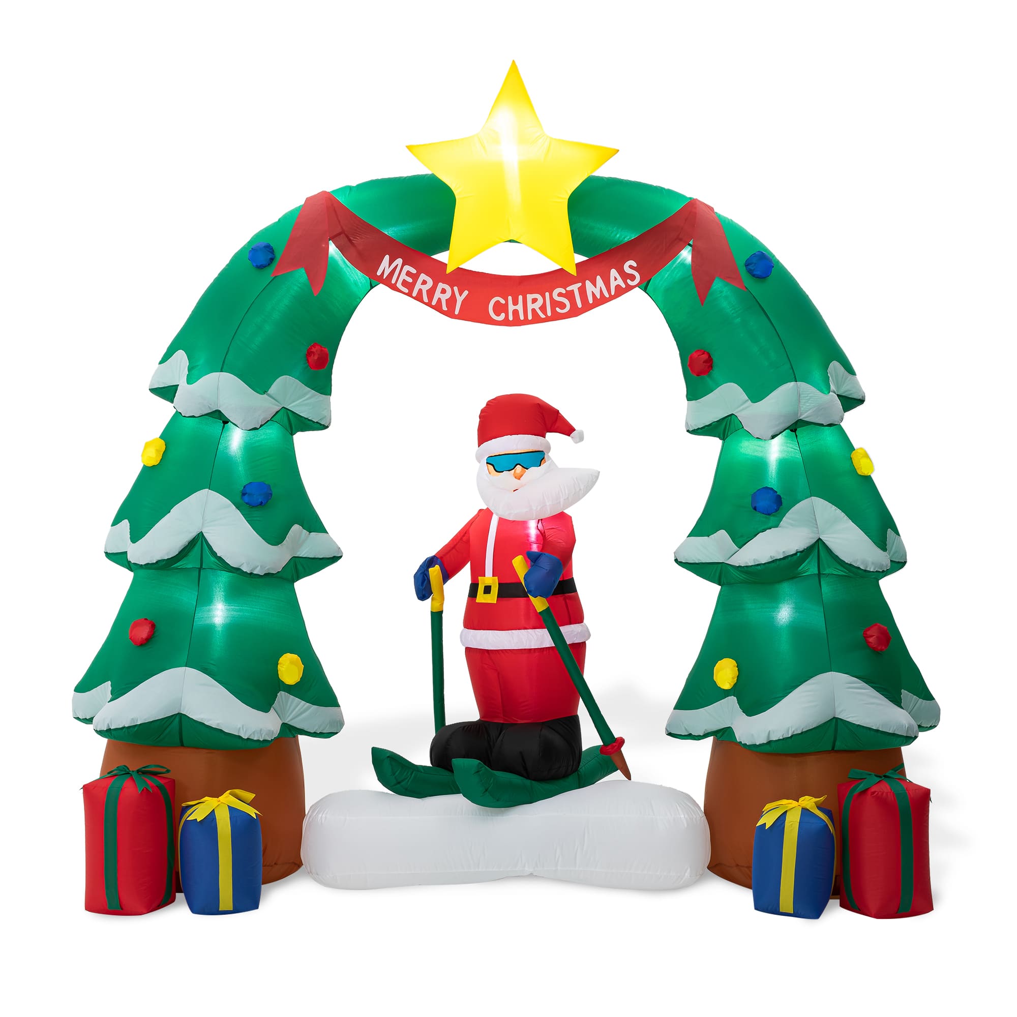 Glitzhome® 7ft. LED Lighted Inflatable Santa Skiing under Tree Arch Décor